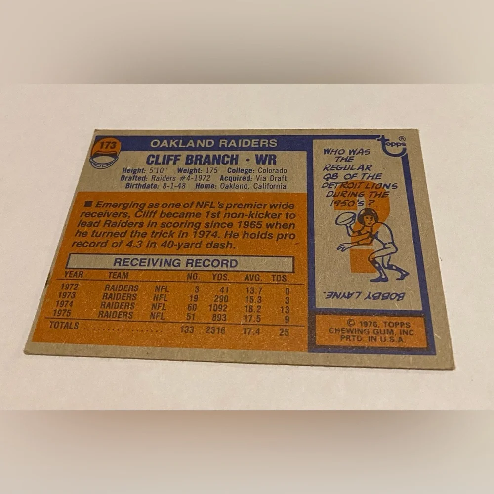 Cliff Branch 1976 Topps Football Card # 173 Oakland Raiders Vintage Collectible